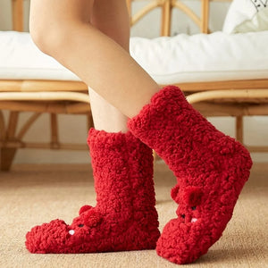Cute Cartoon Bear Fuzzy Socks For Women, Comfortable Winter Soft Warm Slipper Socks